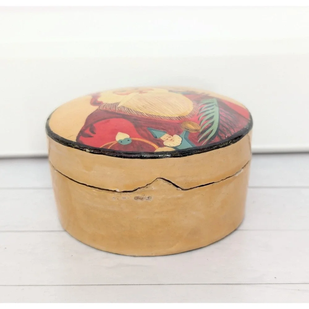 Vtg Hand Painted Paper Mache Lacquer Trinket Box Santa Christmas Box Lid India